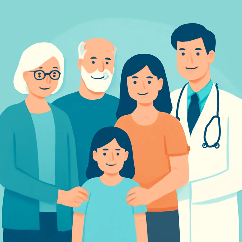 Família com um casal de idosos e a figura de um médico, representando cobertura de plano de saúde para diferentes idades